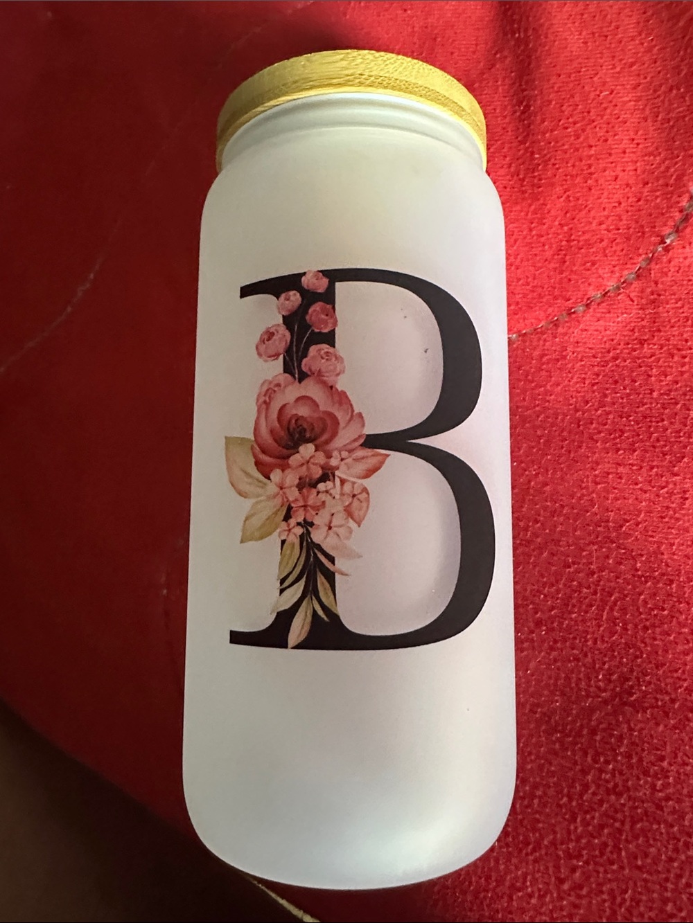 Monogram Floral 'B' Frosted Bottle with wooden Lid 3 straws and cleaning tool - Picture 4 of 8